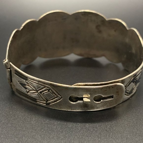 Vintage Sterling Silver Niello Hinge Cuff Bangle Boho Bracelet Flower Inlay - Picture 5 of 9